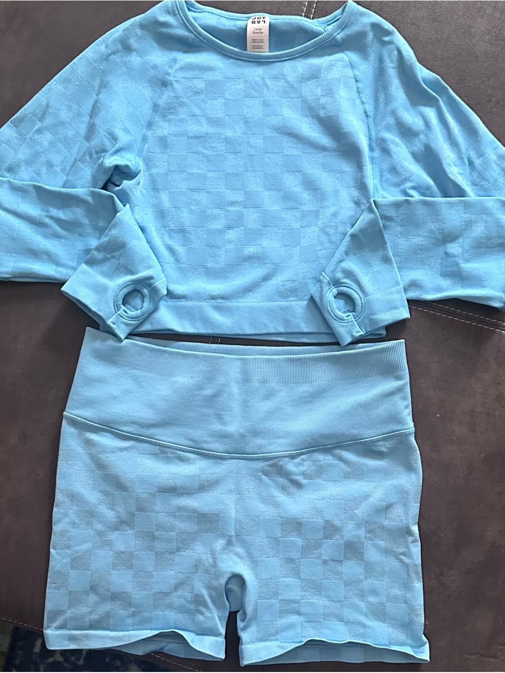 JoyLab Light Blue Check Texture Crop Top & High-Waist Shorts Set